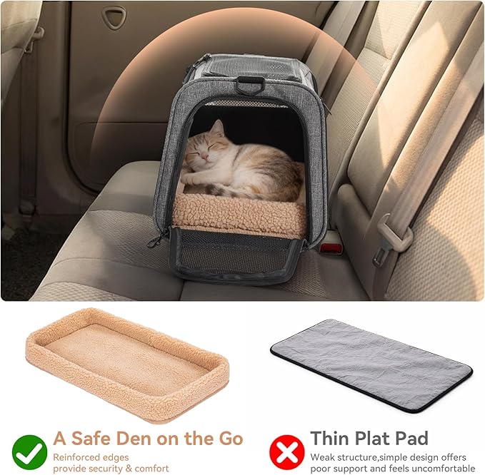 PETSFIT Soft-Sided Cat Carrier with Patented Safety Buckles, Lockable Zippers & Safety Tether,Escape-Resistant Travel Pet Carrier for Car Rides & Vet Visits, Airline Approved Under-Seat, Up to 12 lbs