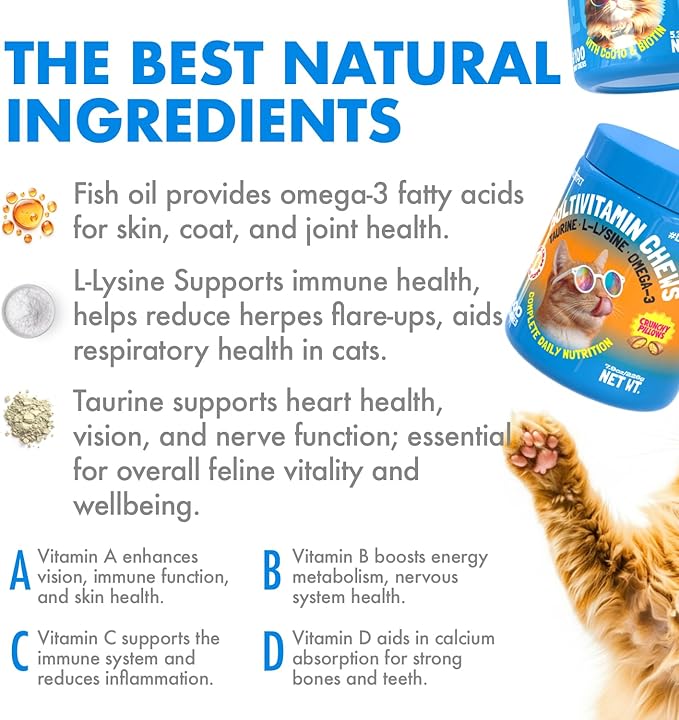 LEGITPET Cat Multivitamin Crunchy Treats – Daily Vitamins for Cats with Taurine, Omega 3 & L-Lysine – Immune, Skin & Coat, Heart & Brain Support – Chicken Flavor, 500 Crunchy Pillows