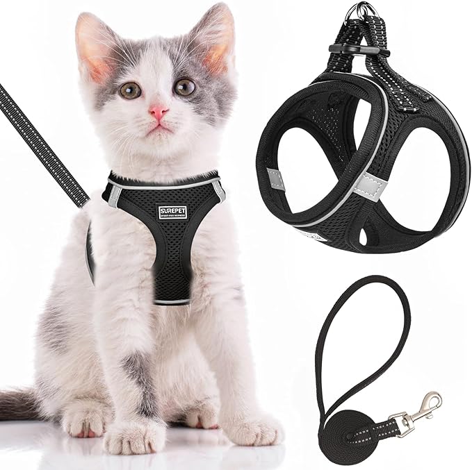 Cat Harness and Leash Escape Proof,Adjustable Soft Mesh Kitten Vest Harness for Walking Reflective Pet Harness for Cat Small Dogs Puppy (Black, XXS)