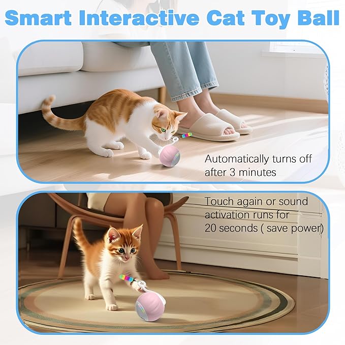 2.36 Inches Large Cat Toys Ball - Won’t Get Stuck, [Newly Upgraded] Sound & Motion-Activated, 2 Speed Fast/Slow Settings Automatic Interactive Cat Toy for Indoor Cats with 5 Tails Rechargeable - Pink