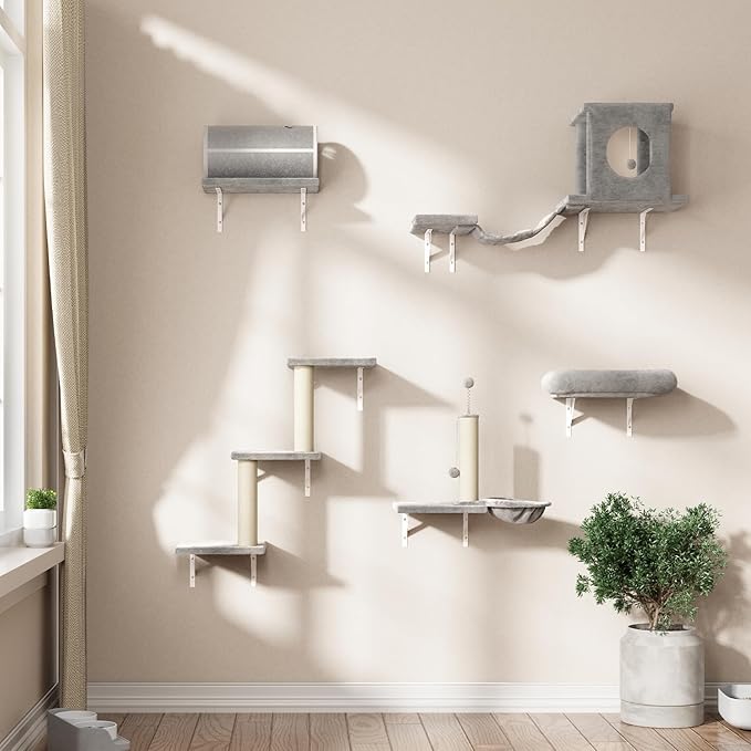 NUNU LAB 7-in-1 Cat Wall Shelves, Wall Mounted Cat Climber Set, Cat Furniture with House, Tunnel, Bridge, Steps, Scratcher, Hammock, Shelves for Indoor, Gray