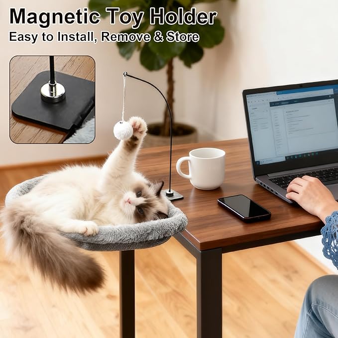 Cat Desk Bed - 17x18 in Cat Desk Perch for Remote Workers, Gamers and Office Staff - Desktop Suspended Cat's Bed (Holds up to 40 lb) - Foldable Cats Hammock Desk for Removable Cover and Toy Holder