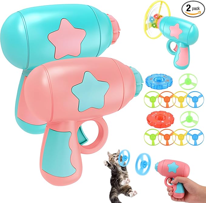 2pcs Bamboo Dragonfly Catapult Launcher, Cat Chase Fetch Toy with 6 Flying Spinners, Cat Toy Propeller Launcher for Training & Hunting, Cat & Kitten Toy with Colorful Flying Propellers (Yellow+Blue)