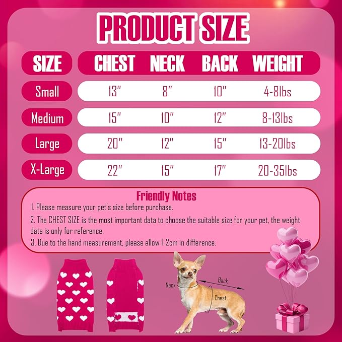 Valentines Dog Sweater, Knit Pet Small Dog Sweater Holiday Valentine’s Day Outfit Clothes for Small Medium Large Dogs Pets (Rose Red, X-Large)