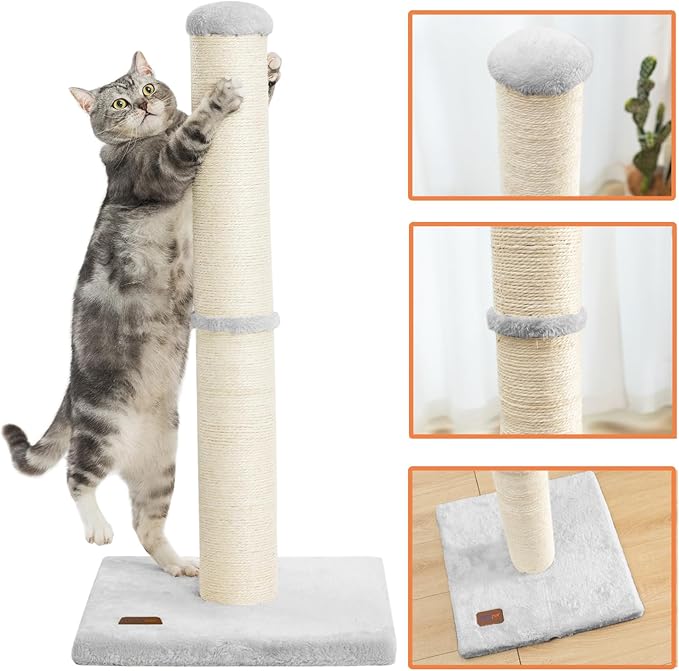 Karolpar 34inch Cat Scratching Post with Natural Sisal Rope 4.3Inch Large Diameter Scratcher Post Tree for Indoor Cats Grey