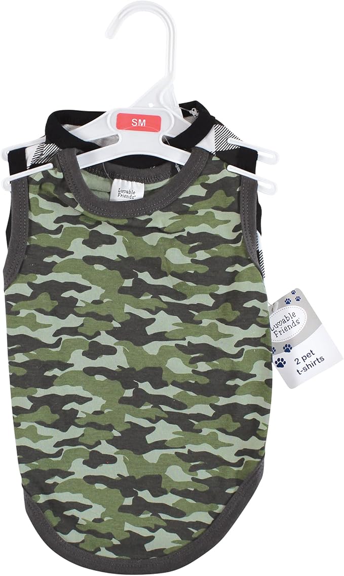 Luvable Friends Dog Pet Dog and Cats Cotton T-Shirts 2pk, Camo Plaid, X-Small