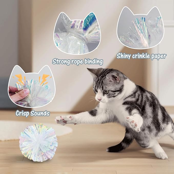 Andiker 2 PCS Cat Crinkle Balls, 5.1 Inches Cat Balls with Soft Shiny Crinkle Paper Interactive Cat Toys for Indoor Cats Reducing Boredom and Keeping Fit for Cats and Kitten