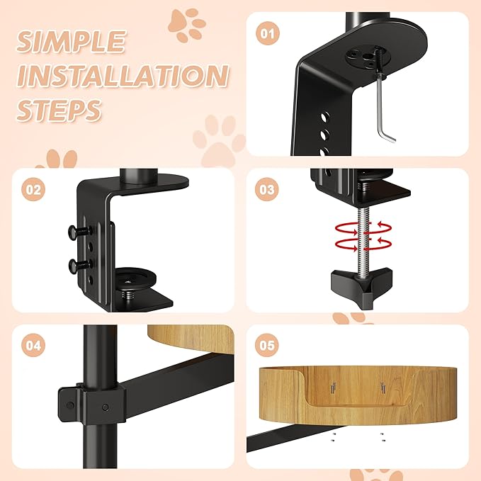 Spacocld Cat Desk Bed – Cat Bed for Indoor Cats with Adjustable Height&360° Rotation, Elevated Desk Cats Beds for Table, Desktop Cat's Hammock for Small Space, Wooden Cat's Bed Desktop Kitten