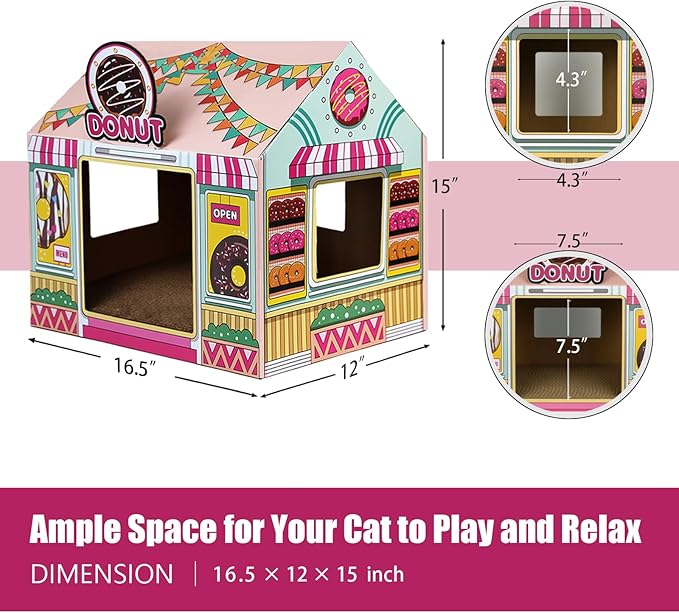 SEKAM Cardboard Cat House with Scratcher/Catnip (16.5'' x 12'' x 15''), Donut Shop for Indoor/Outdoor, Cat Scratch Box & Home Decor, Hideout for Small Animals