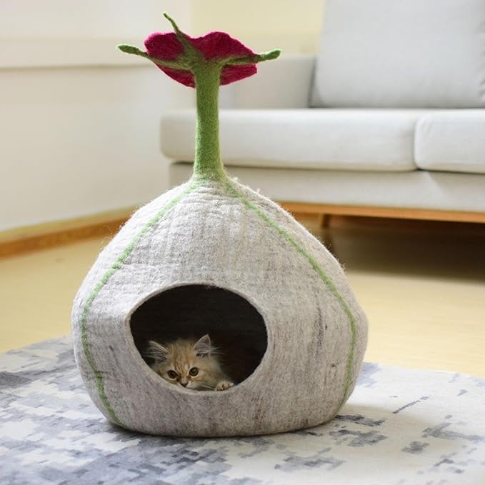 Top Flower Design Felt Cat Cave- Handmade Wool Cat Bed- Premium Pet Furniture