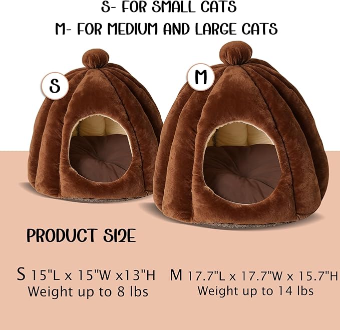 Cat Bed for Indoor Cats - Adorable Cozy Cat Cave with Removable Cushion, Super Soft Pet House Tent for Kittens & Small Pets, Warm & Washable Non-Slip Design(M 17.7 inch Brown)