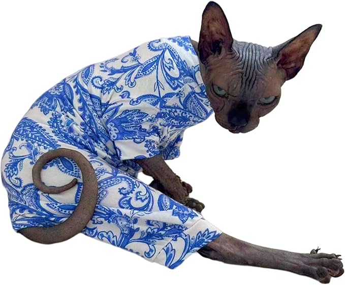 Sphynx Cat Four Leg Cotton Pajamas Elastic Pet Clothes for Hairless Cats Surgery Recovery Suit Undershirt Thermal Clothes for Sphynx, Devon, Cornish (Blue Porcelain, L)