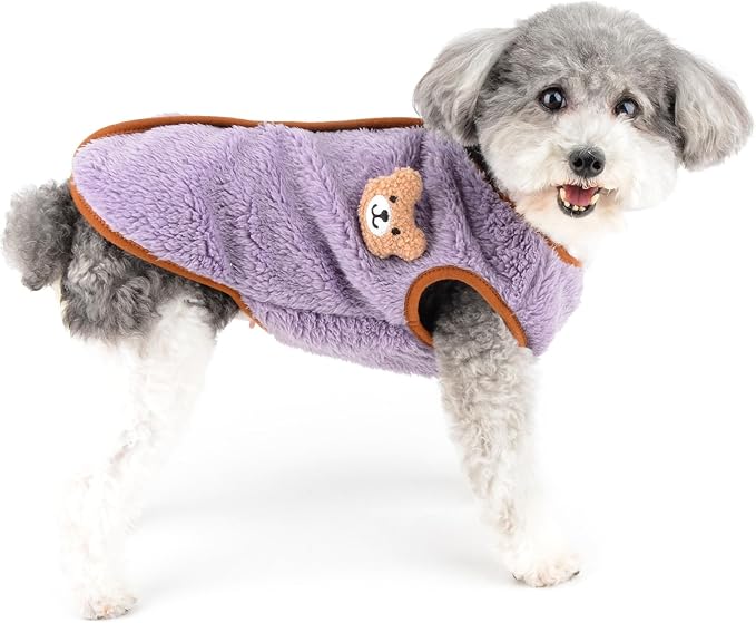Fleece Small Dog Sweater, Solid Pet Vest with Bear Patch Elastic Soft Outfits Puppy Clothes Warm Fall Winter Apparel for Cat Chihuahua Yorkie,Purple,S