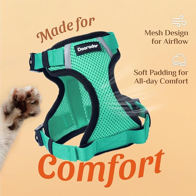 Dooradar Cat Harness and Leash Set, Escape Proof Soft with 3 Adjustable Buckles, Comfortable Vest Easy to Wear Kitten Harness with Reflective Strip, Safe for Outdoor Walking, Cyan Green, XS