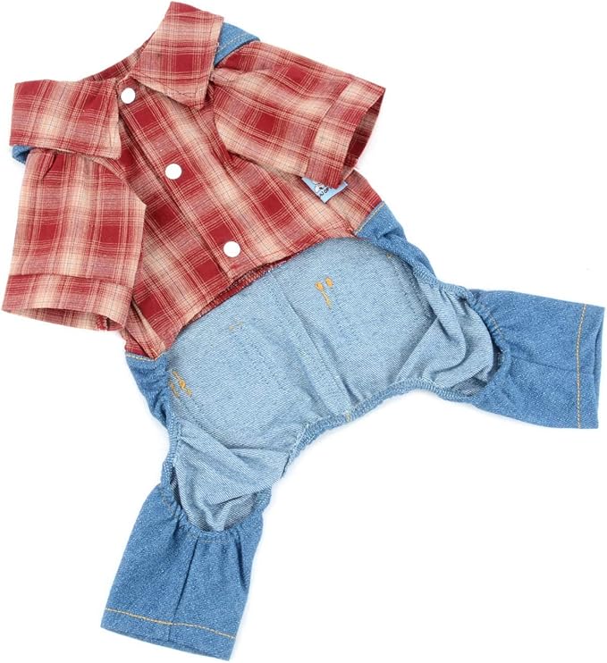 Shirt with Bib Pants for Dogs Plaid Tank Tops Tshirt Outfits for Small Male Dogs Puppies Chihuahua Overalls for Cats Apparel for Kittens Summer Adorable Pets Clothes Short Sleeves Red S
