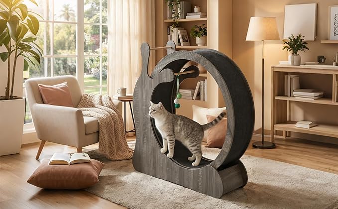 Cat Exercise Wheel,41" Wooden Cat Treadmill with TPE Silent Rollers, Indoor Running Wheel with Interactive Toys, Sisal Scratching Pad & Storage Shelf, Safe Narrow Gap for Large Cats
