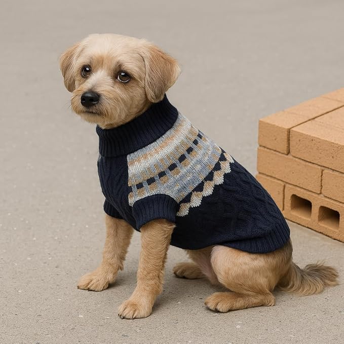 Knit Dog Sweater Turtleneck Cat Cold Weather Pullover Pet Vintage Cable Thick Warm Winter Clothes for X Small Dogs Cats Medium Pug Dachshund Yorkie (Navy, X-Small)