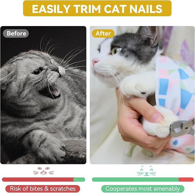 BFNN Cat Grooming Wrap for Cutting Nails, 27.6" Anti-Escape Calming Cat Swaddle Wrap for Medicine, Nail Clipping, Teeth Brushing, Ear Cleaning, Self-Adherent Burrito Restraint, (Tiger Print, L)