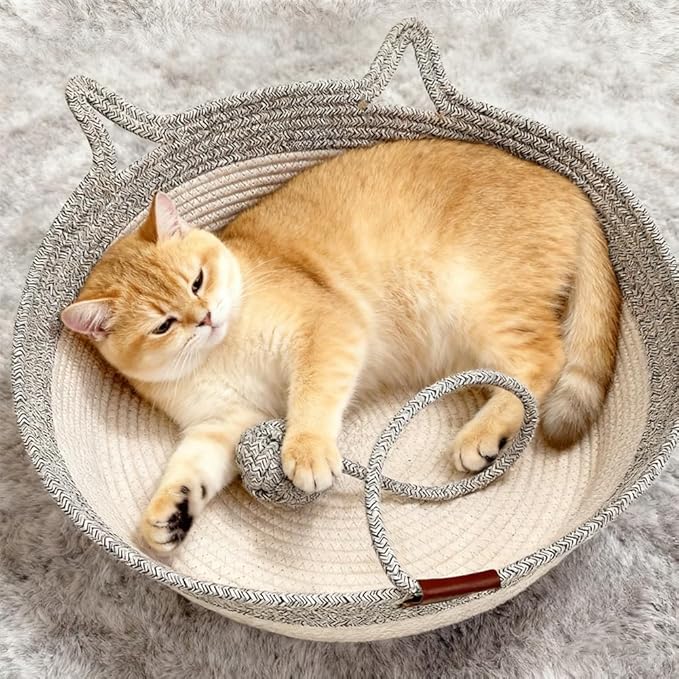 Cotton Rope Woven Cat Basket, Pets Hand Woven Cotton Bed Basket, Round Cat Sleeping Nest with Built-in Scratching Pad and Play Ball for Cats and Dogs All-Season (Green-B, Small)