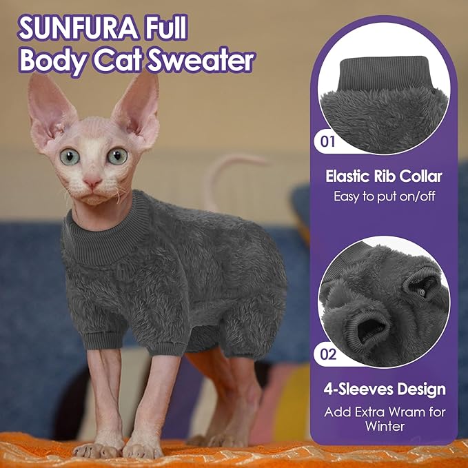 Sphynx Hairless Cat Sweater, Full Body Warm Fleece Sweaters with Sleeves for Cats, Soft Turtleneck Cat Clothes, Cozy Pullover Pajamas for Hairless Cats Devon, Donskoy & Small Dogs, Grey M