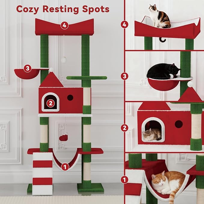 STILLCOVE 63" Large Christmas Cat Tree Tower Indoor: Tall Modern Cute Heavy Duty Cat Condo House with Scratching Post & Hammock for Maine Coon