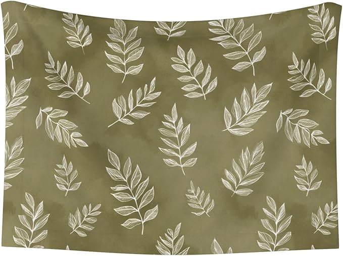 Cat Dog Blanket Cream Leaf Outlines On Olive Green Ultra Soft Warming Mat for Indoor Pet Beds Furniture 27.6 X 19.7inch