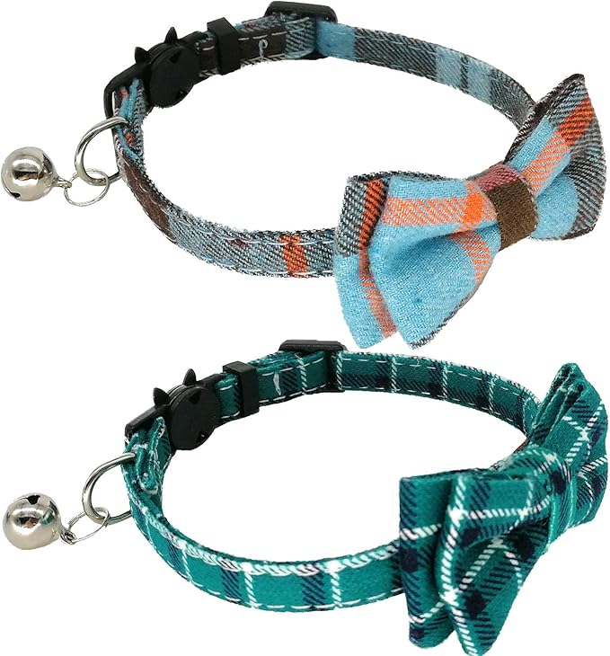 2 Pack/Set Cat Collar Breakaway with Cute Bow Tie and Bell for Kitty and Some Puppies, Adjustable from 7.8-10.5 Inch (Cyan-Blue+Blue-Gray, Plaid)