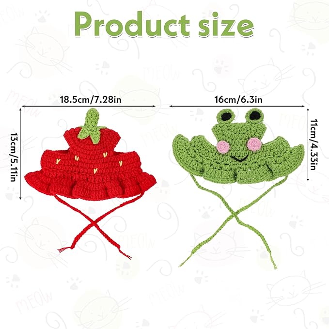 2pcs Frog and Strawberry Cat Hat, Cotton & Soft Cute Knitted Hats for Cats, Christmas Halloween Holiday Party Clothes Birthday Party Puppy Hat for Small Pets