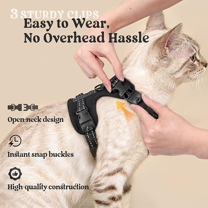 rabbitgoo Cat Harness and Leash, Escape Proof Vest with 3 Adjustable Buckles, Soft Comfortable Kitten Harness, Easy to Wear, Reflective for Safe Outdoor Walking, Medium, Black