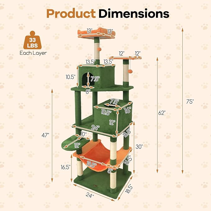 DORTALA 75" Tall Modern Cat Tree, Multi-Level Cat Tower with Large Condos, Sisal Scratching Posts, Top Perch, Hammock, Dangling Balls, Kitten Beds & Climbing Furniture for Indoor Cats (Green & Orange)