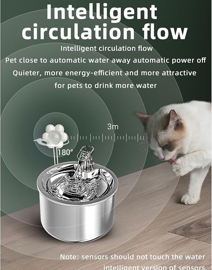 TsoLay Cat Water Fountain Stainless Steel, 2L/67oz Automatic Dog Dispenser Water Bowl with Water Level Window, Intelligent Circulating Water and Faucet Design, Suit for All Kinds of Cat