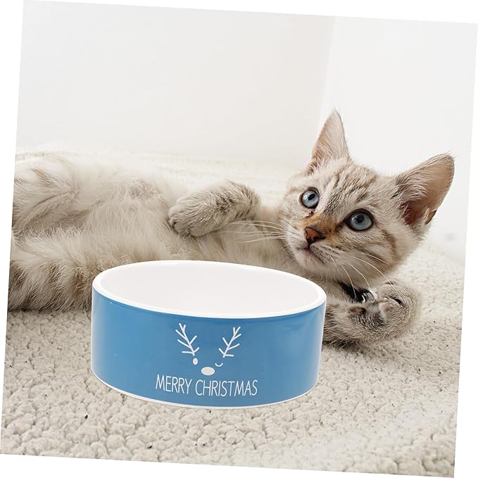 GALPADA Christmas Ceramic Cat Bowl and Pet Food Dish, Blue Reindeer Design, Sturdy Ceramic Material, Suitable for Cat Feeding and Watering, Holiday Themed Pet Supply for Indoor Use