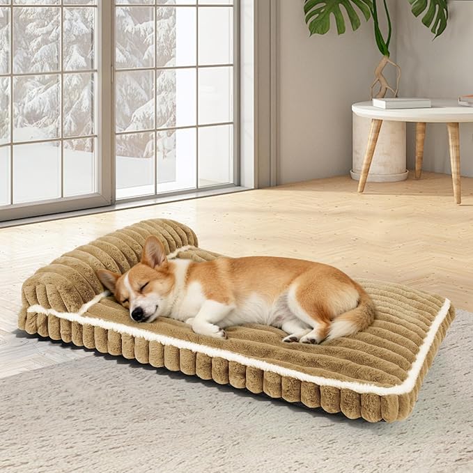Comfort Dog Beds for Large Dogs,Dog Bed with Removable Washable Cover, Deluxe Plush Dogs Beds for Crate with Pillow, Anti-Slip Pet Mat Mattress for Kennel with Durable Zipper(Brown,L)