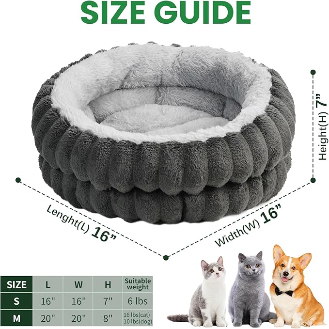 Cat & Dog Bed Kitten Bed,20in Washable Round Cat Beds for Indoor Cats, Super Soft Plush Faux Fur Pet Bed for Puppy and Kitten with Anti-Slip Bottom(Dark Grey)