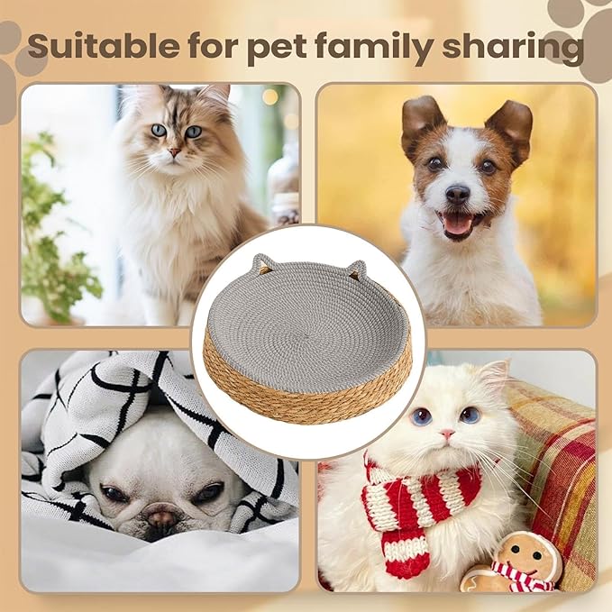 Woven Cat Scratch Bowl - Cotton Rope Round Cat Bed, Kitten Ear Design Scratching Board, Durable Claw Grinding Lounge Toy,