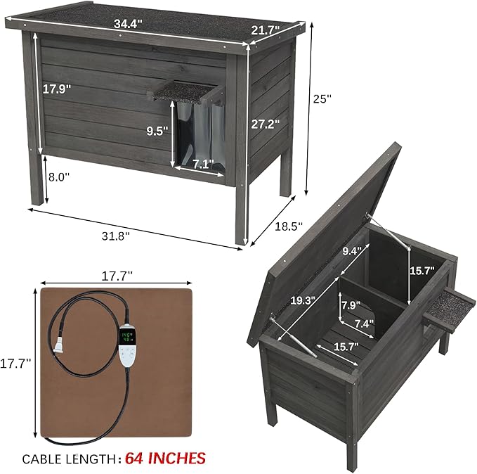 GDLF Outdoor Feral Cat House Heated Cat Shelter with 100% Insulated All-Round Foam Weatherproof for Multiple Felines 34.5"X21.5"x27.2"