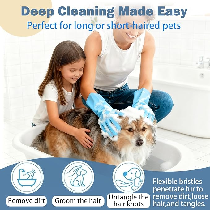 Pet Grooming Gloves for Cats Dogs, 3000 Silicone Grooves Bathing Gloves, Wet Dry Dual Use Washing Massage Gloves, Pet Bath Supplies for Gentle Cleaning Grooming（Blue）