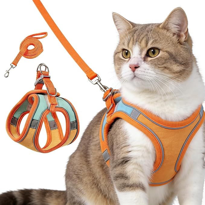 Escape-Proof Cat Harness and Leash Set, Soft Breathable Mesh Vest Style Cat Harness, Adjustable Step-in Cat Harness for Walking, Easy Wear Outdoor Harness for Small Medium Cats (L - 9-15 lb)