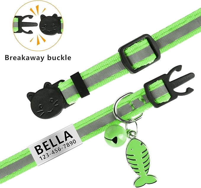 La Reine 2 Pack Cat Collar with Name Tag, Personalized Reflective Cat Collar Breakaway with Bell and Fish Bones and Heart Pendant (Green)