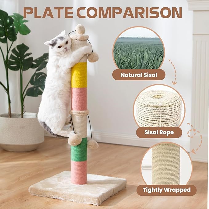 30 Inch High Cat Scratching Post with 4 Plush Teasing Toy Balls, Natural Sisal Rope Post and Thickened Base, Red Green Yellow White