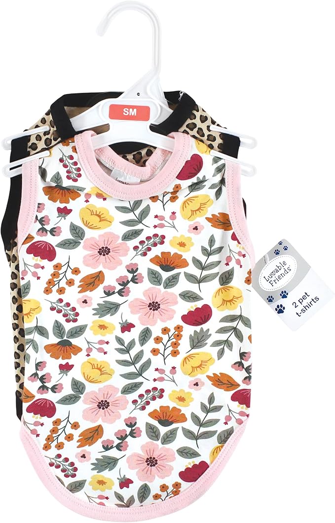 Luvable Friends Dog Pet Dog and Cats Cotton T-Shirts 2pk, Botanical Leopard, Large