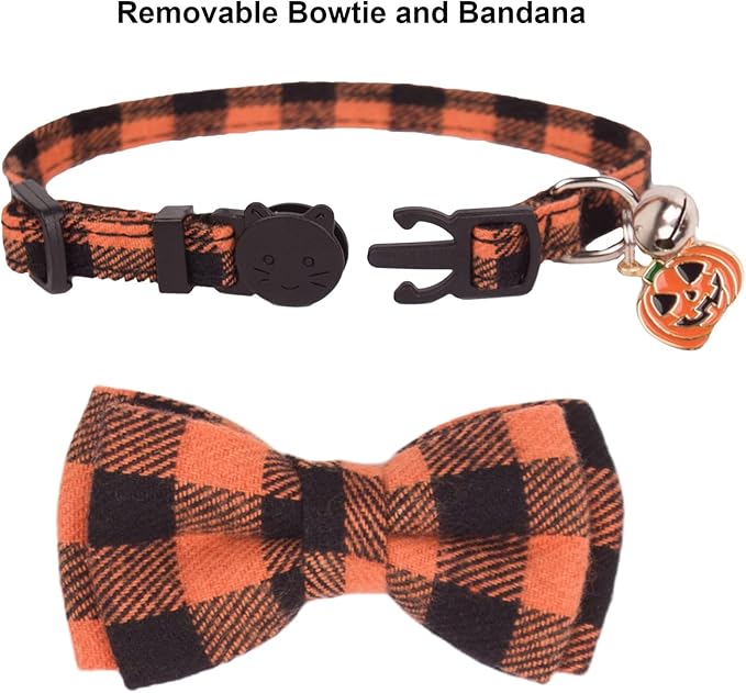 ADOGGYGO Holiday Cat Collars Breakaway with DIY Pumpkin Maple Charms, 2 Pack Halloween Thanksgiving Kitten Collar with Removable Bowtie Bandana, Plaid Bandana Collar for Kittens Cats