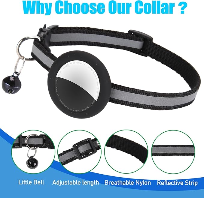 Reflective Cat Collar Fits for AirTag Holder, Breakaway Safety Buckle, Bell & Adjustable Strap for Cats Kittens - Compatible with Apple AirTag, Anti-Lost Pet Tracker Collar,Black