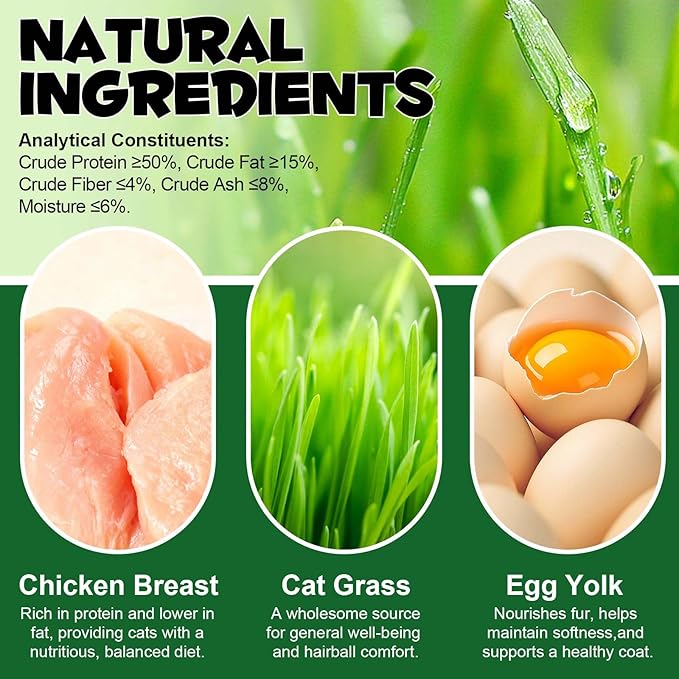 Freeze-Dried Cat Grass Sticks for Teething, High Meat Content Hairball Control & Dental Health Chews, Grain-Free Cat Treats with Chicken & Egg Yolk