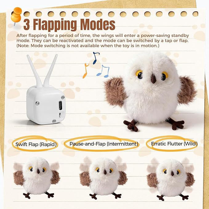 Cat Toys Flapping Bird Titmouse, Interactive Cat Kicker with 3 Modes, Touch Activated, Catnip Pouch, USB Rechargeable, Washable Plush Cover for Indoor Cats
