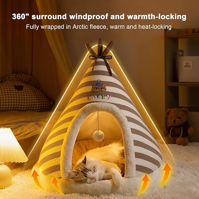 Teepee Cat Bed - Cave House Tunnel, Comfortable Kitten Lounger, Plush Small Pet, Warm Play Tunnel, Multi-Purpose Pet Accessory, Soft Furniture Resting Spot | Cave Cat Bed for Indoor Outdoor Wi