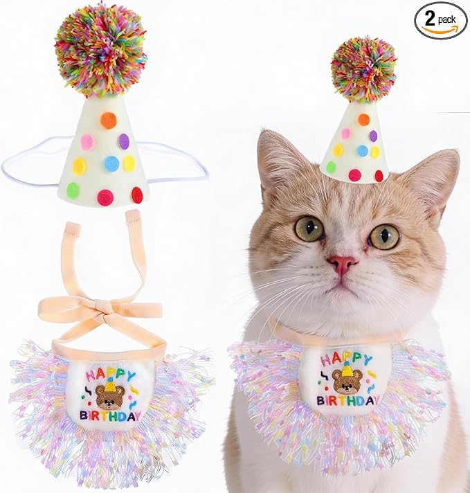 Cat Birthday Bandana Hat Set, Cute Cat Birthday Hat with Pom-Poms, Exquisite Cats Birthdays Outfit, Reusable Pet Party Decorations for Small Medium Cats Kittens Doggy