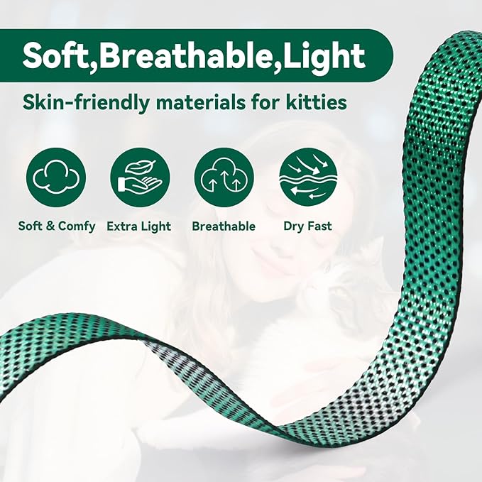 Cat Harness and Leash Set, 3-in-1 Escape Proof Adjustable, Comfortable Soft Lightweight, Safe, Easy to Wear, Walking Travel Kitten Harness for Small Medium Cats (Light Green)