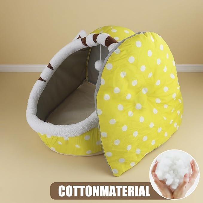 Andiker Cat Beds for Indoor Cats, Semi-Enclosed Cat Cave Bed with a Plush Ball Large Space for Cats to Sleep Soft and Comfortable Covered Cat Bed with a Washable and Detachable Mat (Yellow, L)