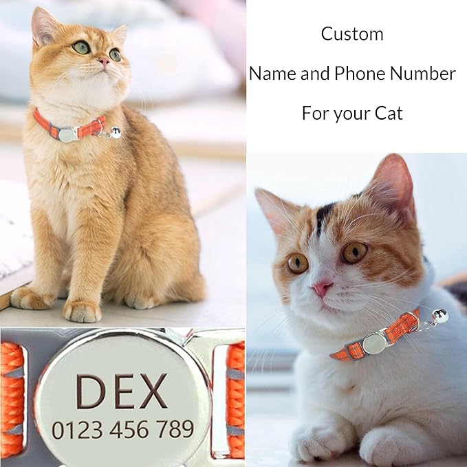 Custom Reflective Cat Collar, Personalized Engraved Pet Collar with Name and Phone Number, Breakaway Cat Collar with Safety Release Buckle and Bell, 8-12 inch Adjustable for Cats/Kittens